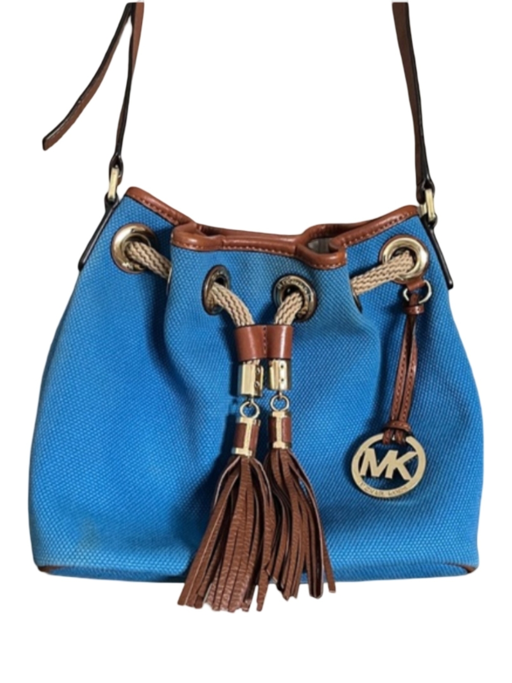 Michael Kors Marina Drawstring Canvas Blue Bucket Bag Purse Hobo Boho